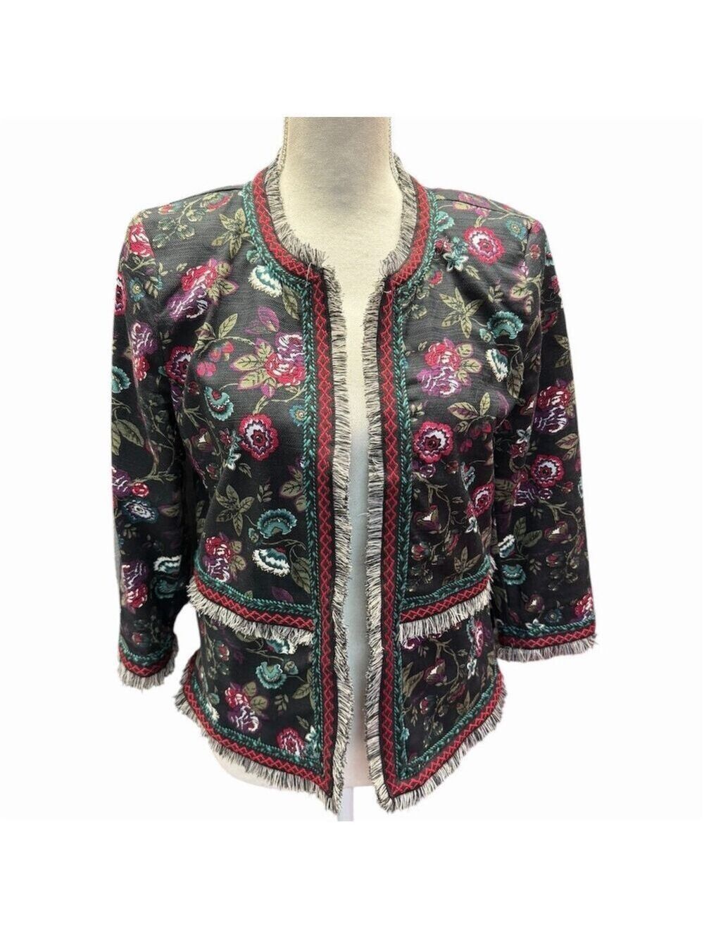 LOFT Boho Jacket Womens Size 6 Black Floral Fringe Open Front Boho Lined